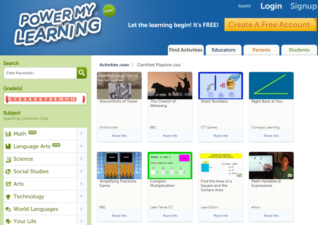 Power My Learning Activities Search Screenshot