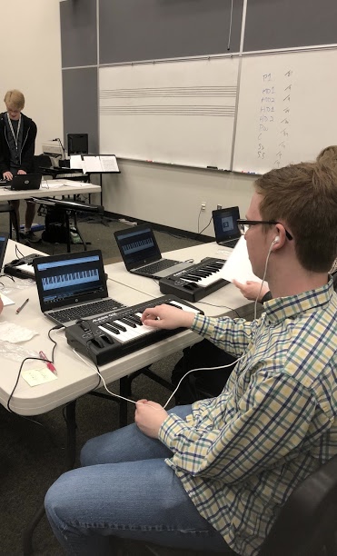 Music students utlizing USB-MIDI keyboards with Chromebooks at Olympus High School