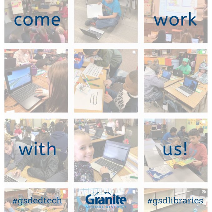 Come work with us! #gsdlibraries #gsdedtech - images of students using technology in the classroom