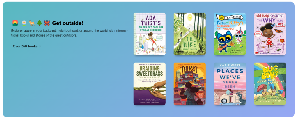 Screenshot - Ribbon of 'Get Outside!' Collection with example book cover images in Granite's Sora

