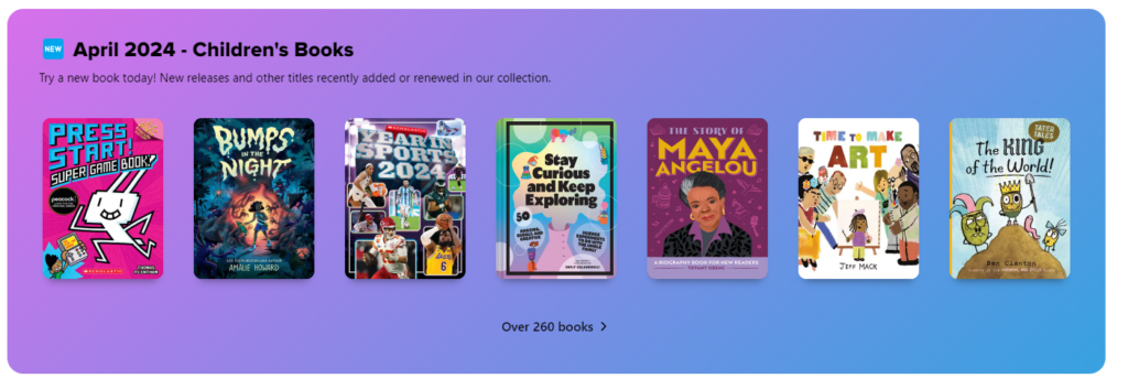 Screenshot - Ribbon of 'New April 2024 - Children's Books' Collection with example book cover images in Granite's Sora