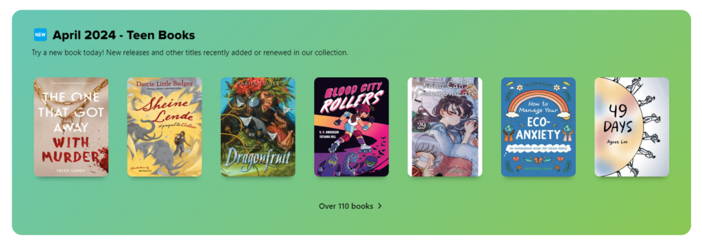 Screenshot - Ribbon of 'New April 2024 - Teen Books' Collection with example book cover images in Granite's Sora
