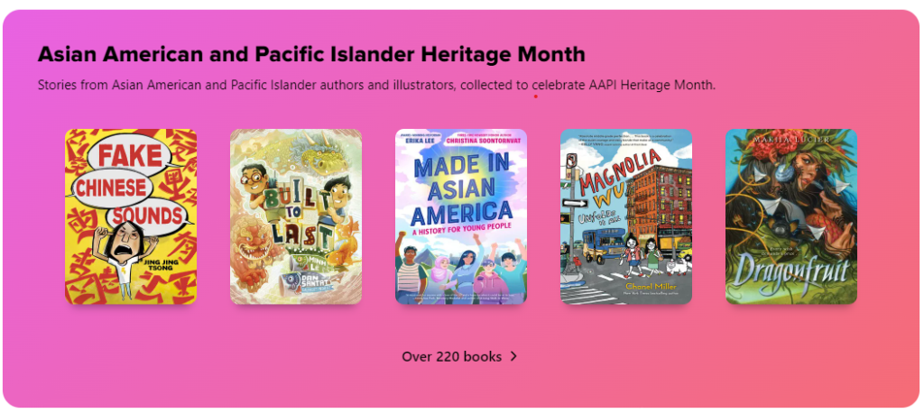 Screenshot - Ribbon of 'Asian American and Pacific Islander History Month' Collection with example book cover images in Granite's Sora

