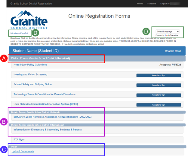 screen shot of online registration