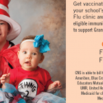 Photo of kid and babies in costumes with information on flu shot clinics