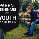 Photo of male student sitting on bench with text 'Parent Seminars on Youth Protection'
