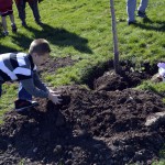 Photo of Arcadia Elementary students planting trees in front of school