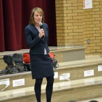 Photo of Deanie Wimmer addressing Farnsworth Elementary students