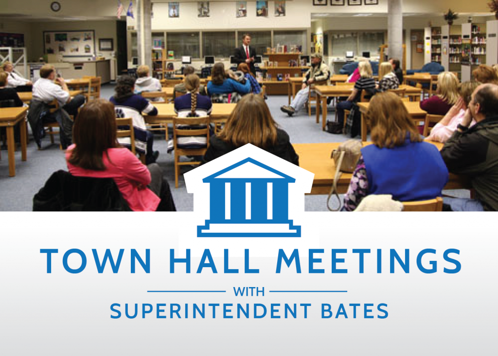 Photo of parents at town hall meeting with text 'Town Hall Meetings with Superintendent Bates'