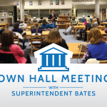 Photo of parents at town hall meeting with text 'Town Hall Meetings with Superintendent Bates'