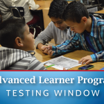 Photo of students completing math assignment with Advanced Learner Testing Window ad