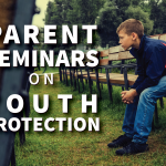 Photo of boy sitting on bench and text "Parent Seminars on Youth Protection"
