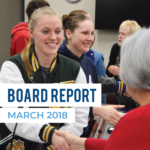 State champion athletes shake hands with board members and text 'Board Report March 2018"