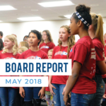 Diamond Ridge Elementary students sing at board meeting and text 'Board Report May 2018'