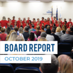 Magna Elementary students sing at board meeting and text 'Board Report October 2019'