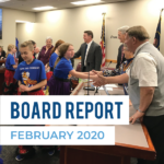 Calvin Smith Elementary students shake hands with board members and text 'Board Report February 2020'