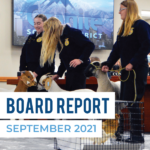 FFA members bring goats in board meeting. Text: Board Report September 2021