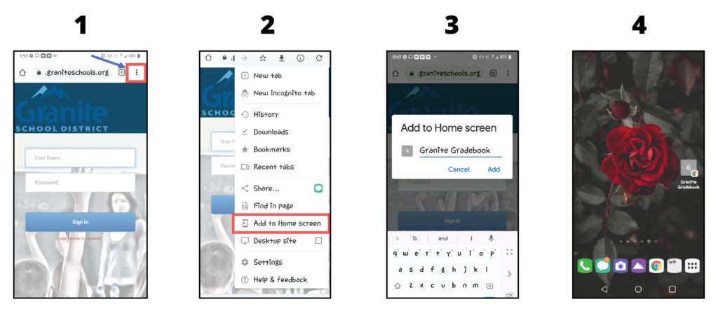 Android phone screens showing Parent Portal screen, 'Add to Home Screen', 'Add' screen, and the Android home screen showing Gradebook application