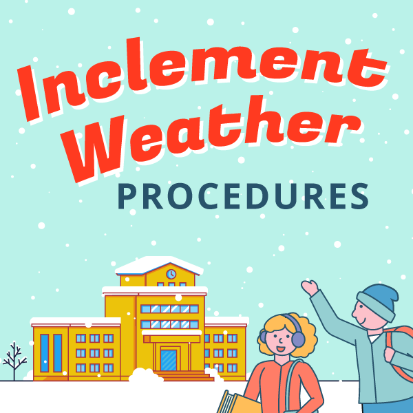 Vector drawing of school and students in snowy weather: Tex: Inclement Weather Procedures