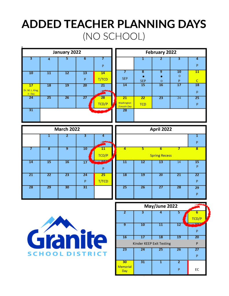 Calendar blocks showing dates of added teacher planning days. Text: Added Teacher Planning Days (No School)