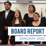 Hunter High Madrigals perform at board meeting. Text: Board Report January 2022