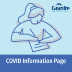 Vector illustration of student writing. Text: COVID Information Page