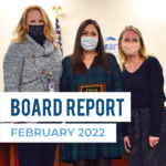 Crestview teachers at board meeting. Text: Board Report February 2022