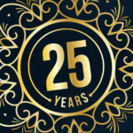 Gold flourishes vector and text: 25 Years