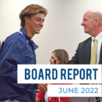 Students shaking hands with board members. Text: Board Report June 2022