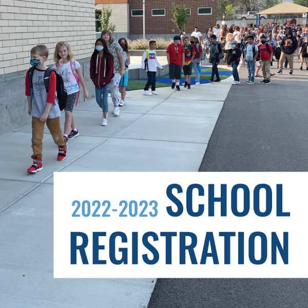 Students walking to school. Text: 2022-2023 School Registration