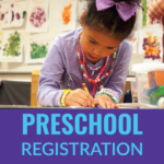 Preschool student writing on table. Text: Preschool Registration