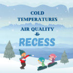 Graphic of kids playing in snow with text that says cold temperatures, air quality & recess.