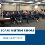 Picture of the Board of Education meeting with text that says: Board Meeting Report, February 2023