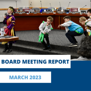 Picture from the board meeting with text that says: Board Meeting Report, March 2023.