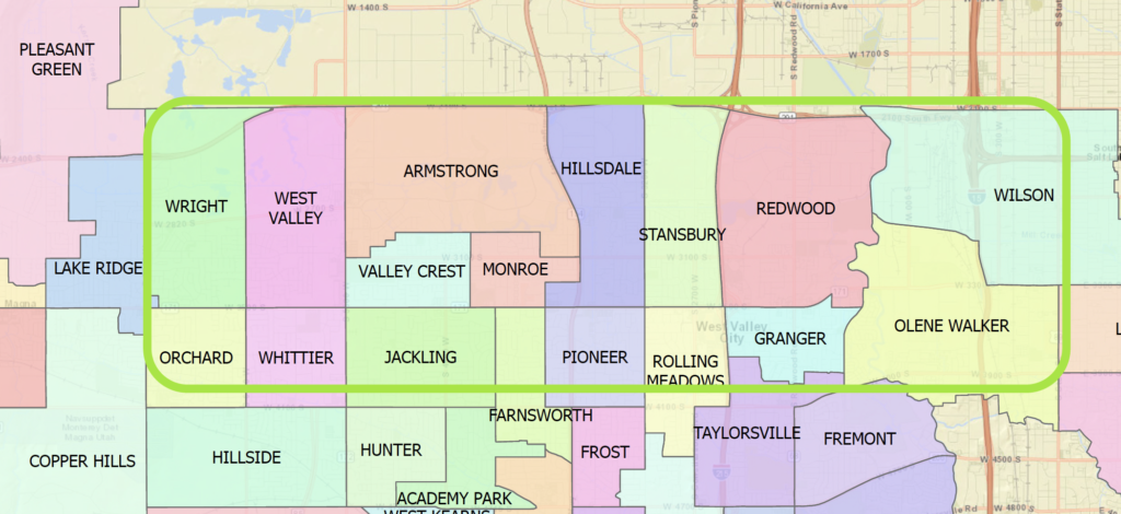 Map showing 3500 s. corridor in Granite School District Boundaries.